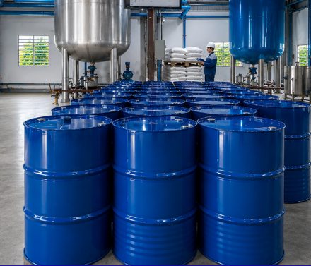 Rows of 200 kg blue steel drums