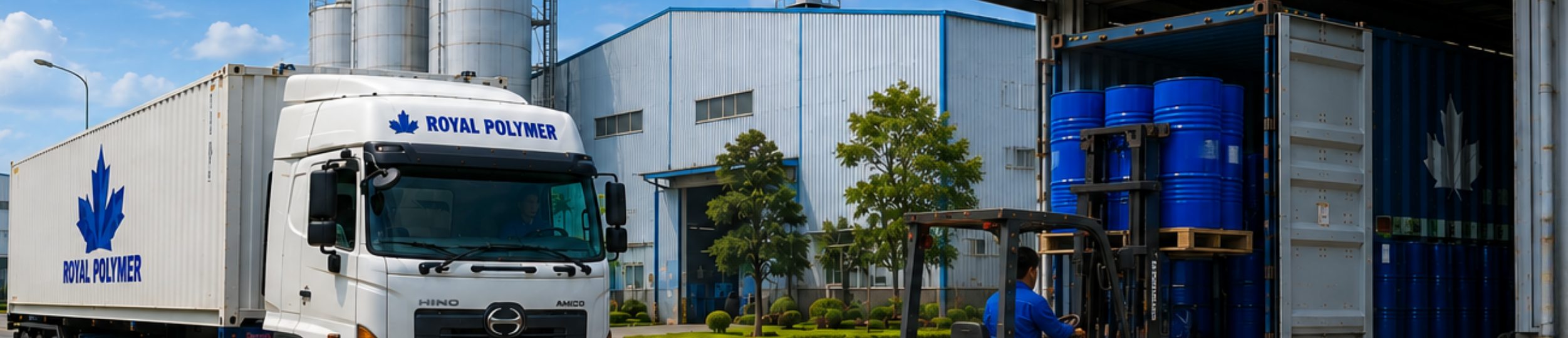 Royal Polymer truck and forklift loading 200 kg blue drums into a container
