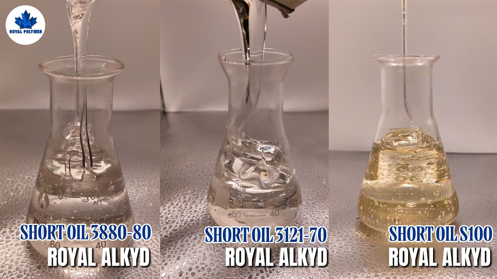 Clear short oil alkyd resin samples in laboratory flasks